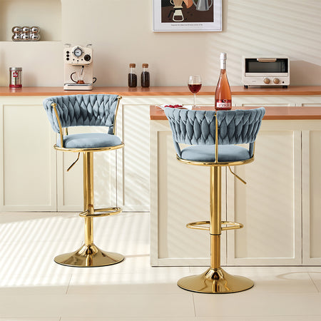 Coppia Sgabelli da Cucina Bar Schienale Intrecciato Velluto e Struttura Oro Grigio