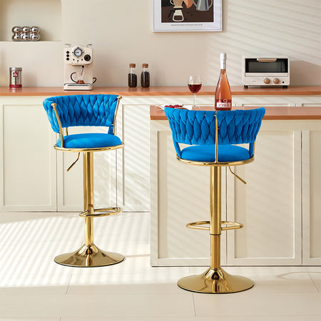 Coppia Sgabelli da Cucina Bar Schienale Intrecciato Velluto e Struttura Oro Blu