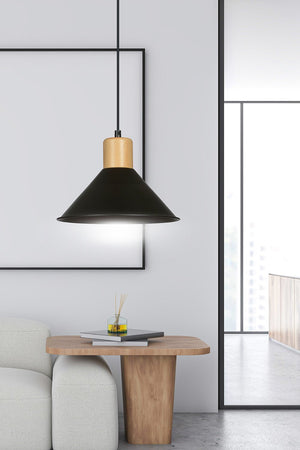 Sospensione Nordica 1 Luce Rowen In Acciaio Nero E Legno
