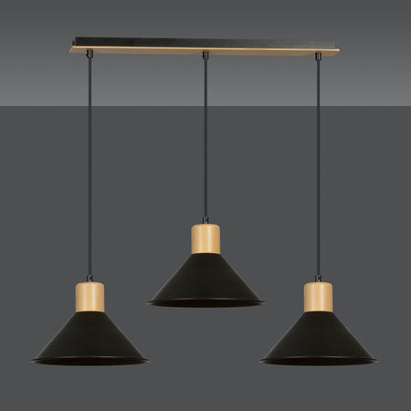 Sospensione Nordica 3 Luci Rowen In Acciaio Nero E Legno