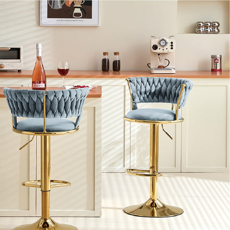 Coppia Sgabelli da Cucina Bar Schienale Intrecciato Velluto e Struttura Oro Grigio