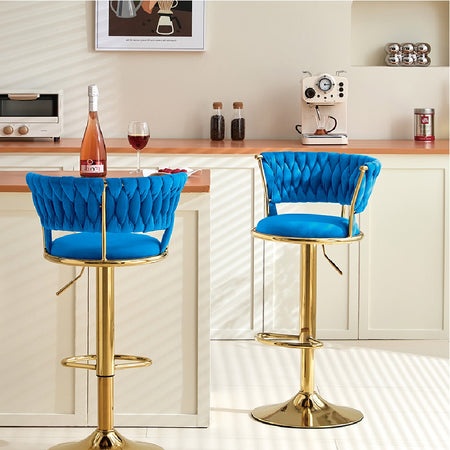 Coppia Sgabelli da Cucina Bar Schienale Intrecciato Velluto e Struttura Oro Blu