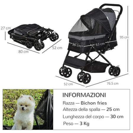 Passeggino Cani Pieghevole con Maniglione e Cestino Nero 76.5x52x95cm
