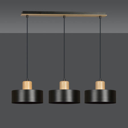 Sospensione Nordica 3 Luci Torin In Acciaio Nero E Legno