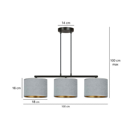 Lampadario 3 Luci Hilde In Acciaio Nero E Paralumi In Tessuto Grigio