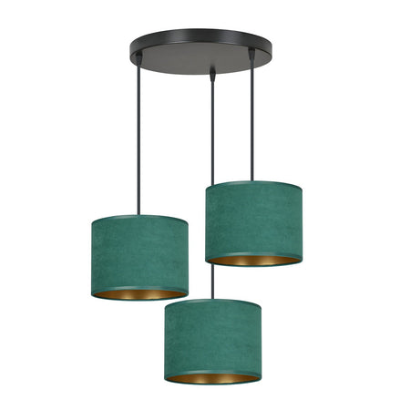 Lampadario Tondo 3 Luci Hilde In Acciaio Nero E Paralumi In Tessuto Verde