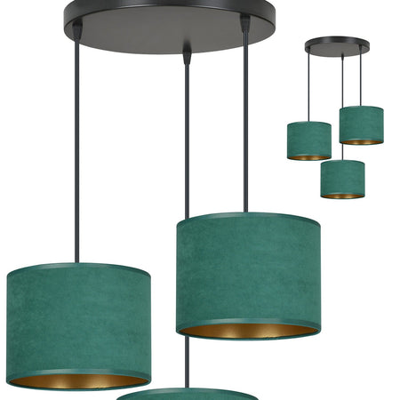 Lampadario Tondo 3 Luci Hilde In Acciaio Nero E Paralumi In Tessuto Verde