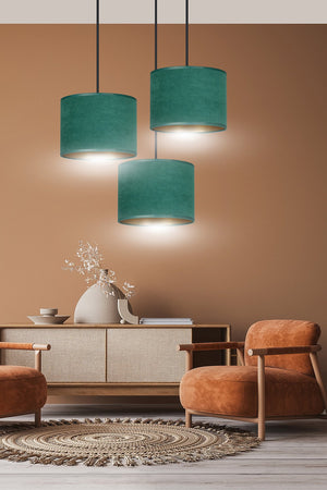 Lampadario Tondo 3 Luci Hilde In Acciaio Nero E Paralumi In Tessuto Verde