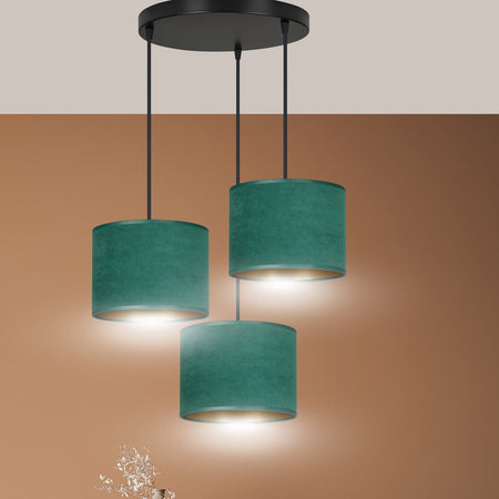 Lampadario Tondo 3 Luci Hilde In Acciaio Nero E Paralumi In Tessuto Verde
