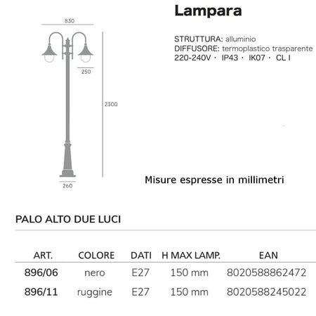 Lampioncino classico Livos LAMPARA 896 E27 LED alluminio lampada terra
