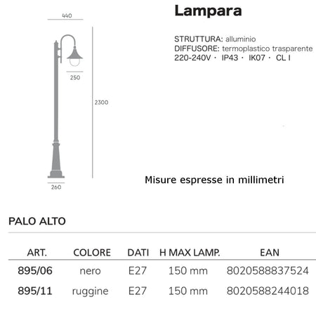 Lampioncino classico Livos LAMPARA 895 E27 LED alluminio lampada terra