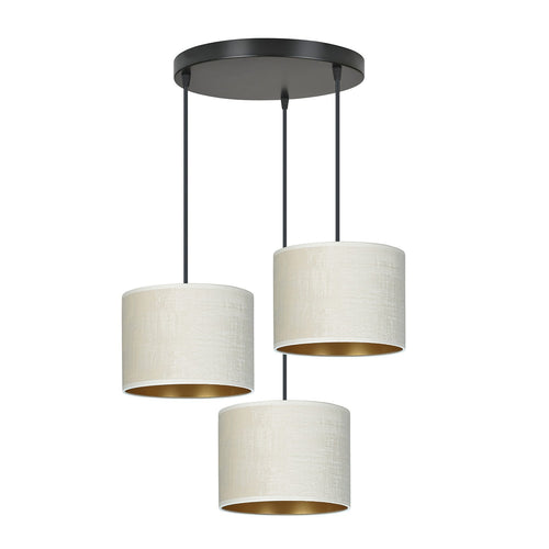 Lampadario Tondo 3 Luci Hilde In Acciaio Nero E Paralumi In Tessuto Beige