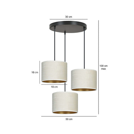 Lampadario Tondo 3 Luci Hilde In Acciaio Nero E Paralumi In Tessuto Beige