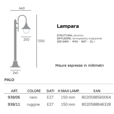 Lampioncino classico Livos LAMPARA 938 E27 LED alluminio lampada terra