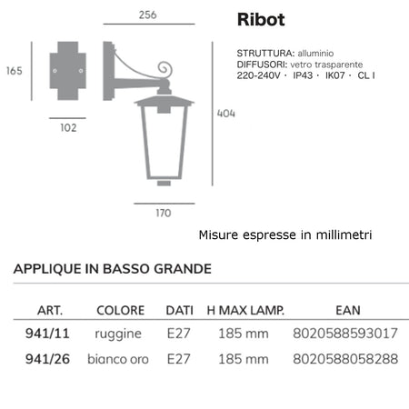 Applique classico Livos RIBOT 941 E27 LED alluminio lampada parete lanterna