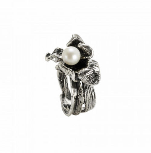 Anello In Argento Brunito Con Piccola Ninfea E Perla Naturale - Bottega Boccadamo