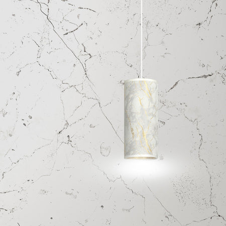 Sospensione 1 Luce Karli In Acciaio Bianco E Paralume Effetto Marmo Dorato