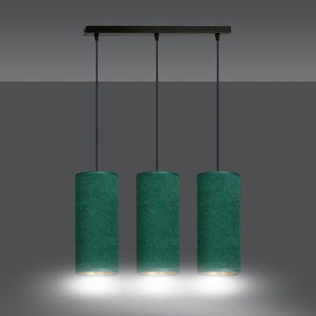 Sospensione 3 Luci Bente In Acciaio Nero E Paralumi Verde E Oro