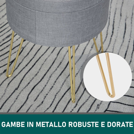Pouf Contenitore 2 in 1 con Funzione Sgabello e Tavolino, in Legno e Tessuto Grigio, Metallo con Finitura Oro, 36x36x45cm camera da letto elegante negozio F838-033V70A