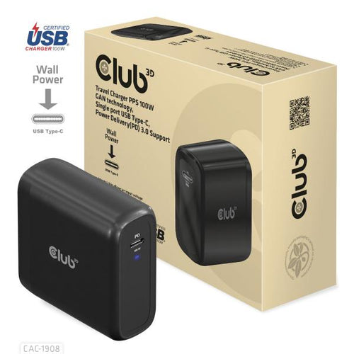 CLUB3D CAC-1908 Universale Nero AC Ricarica rapida Interno (Club3D Reiseladegert 1xUSB Typ C,)