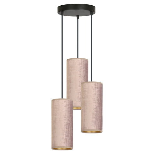 Sospensione Tonda 3 Luci Bente In Acciaio Nero E Paralumi Rosa E Oro