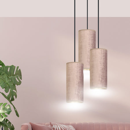 Sospensione Tonda 3 Luci Bente In Acciaio Nero E Paralumi Rosa E Oro