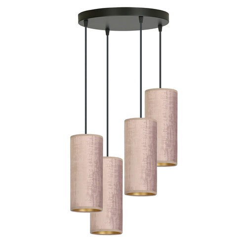 Sospensione Tonda 4 Luci Bente In Acciaio Nero E Paralumi Rosa E Oro