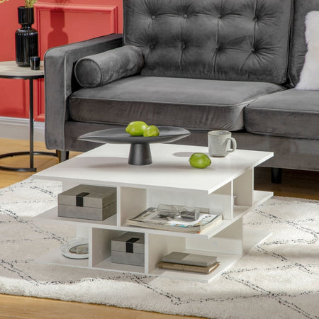 Tavolino da caffè divano  contenitore legno moderno soggiorno Basso da Salotto a 2 Livelli con Ripiani Aperti, 70x70x36.5 cm, Bianco F839-240WTA