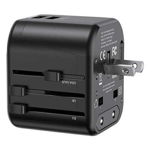 adattatore da viaggio multispina con2 porte usb 12 watt nero