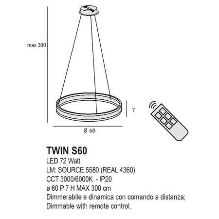 Lampadario led Promoingross TWIN S60 LED CCT 4360Lm dimmerabile telecomando sospensione lampada soffitto anello ultramoderna