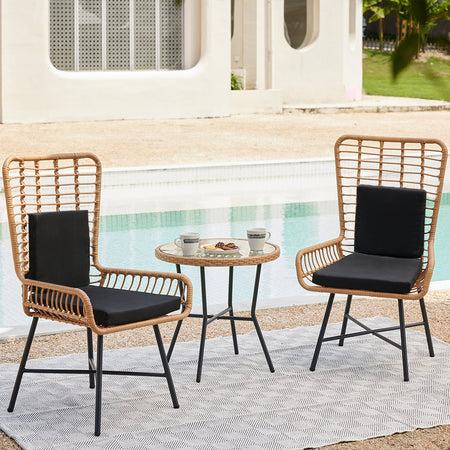 Set da Giardino Tavolino e 2 Poltrone in Polyrattan Nero e Naturale con Cuscini Casa Bar Hotel