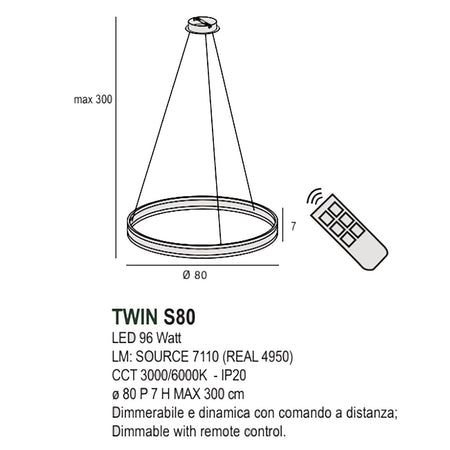 Lampadario led Promoingross TWIN S80 LED CCT 4950Lm dimmerabile telecomando sospensione lampada soffitto anello ultramoderna