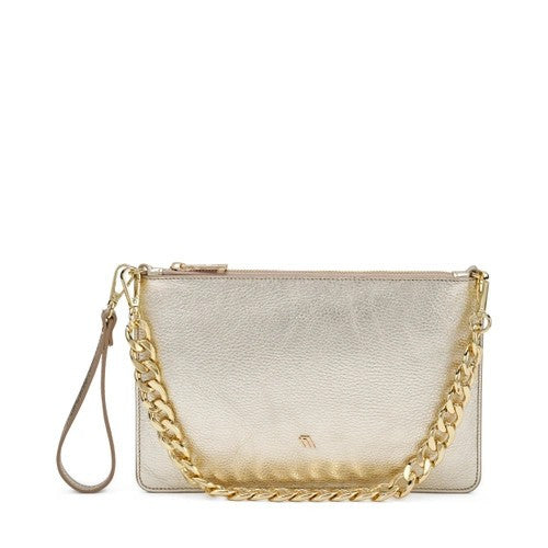 Frau pochette in pelle laminato platino con catena B461