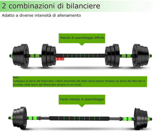 Kit 2in1 Bilanciere + Manubri Con Pesi Regolabili Componibili Tot 40 Kg Palestra