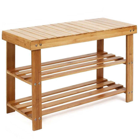 Panca Scaffale in Legno Bambù 70x28 H 45 cm Multiuso 2 Ripiani Camera Ingresso Bagno