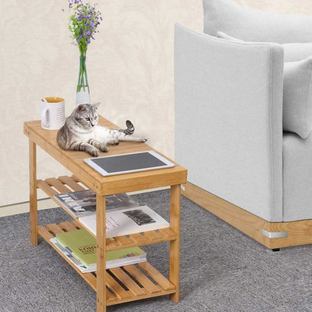 Panca Scaffale in Legno Bambù 70x28 H 45 cm Multiuso 2 Ripiani Camera Ingresso Bagno