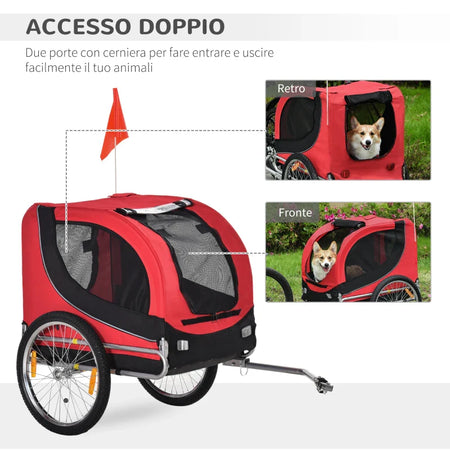 Rimorchio Bici per Cani Taglia Media 130x73x90cm Telaio Acciaio e Copertura Nero Rosso