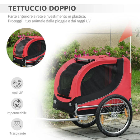 Rimorchio Bici per Cani Taglia Media 130x73x90cm Telaio Acciaio e Copertura Nero Rosso