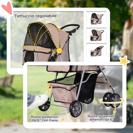Passeggino Cani Pieghevole con Cestino Portabicchieri Tettuccio, 75x45x97cm Marrone