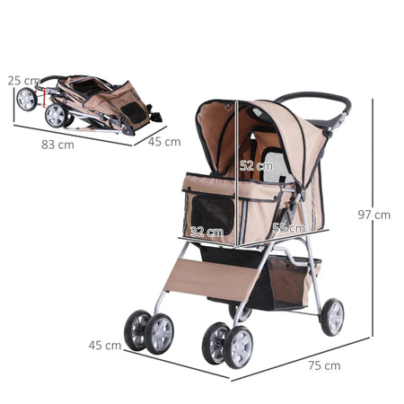 Passeggino Cani Pieghevole con Cestino Portabicchieri Tettuccio, 75x45x97cm Marrone
