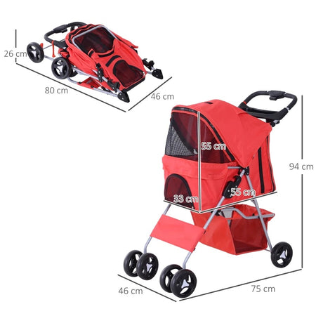 Passeggino Cani Gatto Pieghevole con Cestino Tettuccio, 75x46x94cm Rosso