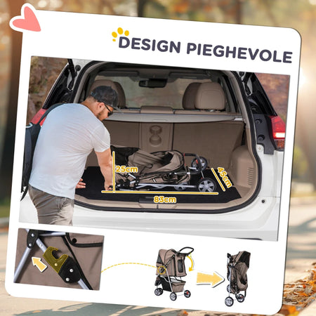 Passeggino per Cani Pieghevole con Tettuccio Cestino 75x45x97cm Marrone