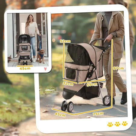 Passeggino per Cani Pieghevole con Tettuccio Cestino 75x45x97cm Marrone
