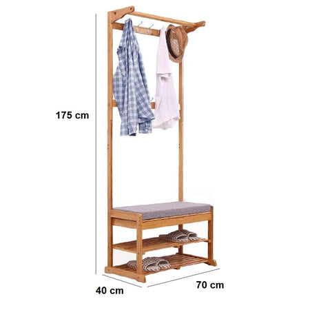 Panca con Appendiabiti Legno Bambù 9ganci Vano apribile Cuscino 70x40 H 175cm