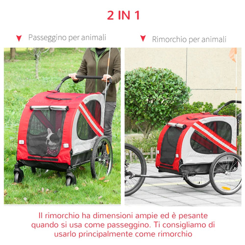 Passeggino Rimorchio Cani Struttura Acciaio Tessuto Oxford Rosso Cani Taglia Media