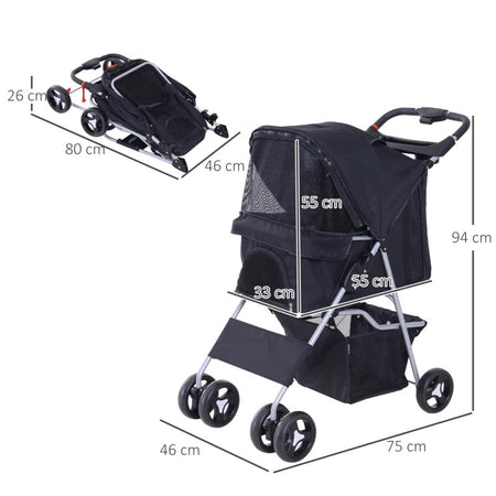 Passeggino Cani Gatto Pieghevole con Cestino Tettuccio, 75x46x94cm Nero