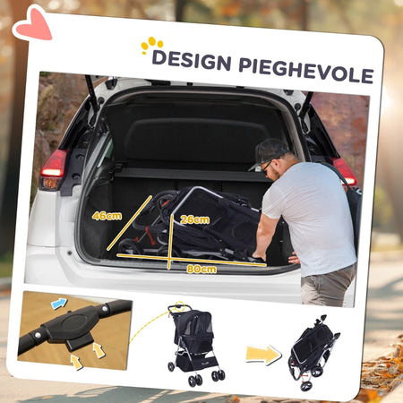 Passeggino Cani Gatto Pieghevole con Cestino Tettuccio, 75x46x94cm Nero