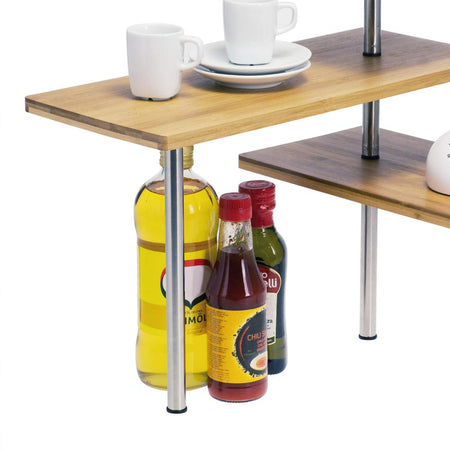 Mensola Angolare Cucina 3 Ripiani Legno Bambù e Acciaio Inox Mobile Scaffale