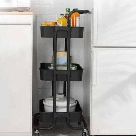 Carrello Trolley Cucina 4ruote 3 Ripiani in Metallo 43x36 H85 Salvaspazio Nero