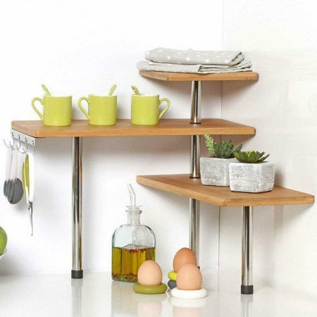 Mensola Angolare Cucina 3 Ripiani Legno Bambù e Acciaio Inox Mobile Scaffale